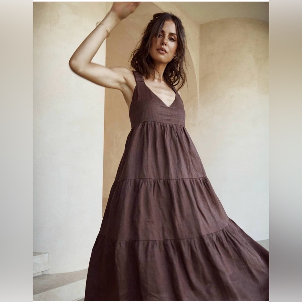 DISSH Brown Tiered Midi Linen Dress - Picture 2 of 9